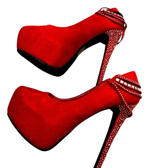 Paprika 6 Women's Dress Shoes Red  5 inch Heels Platform Rhinestones Closed Toe - Picture 4 of 8
